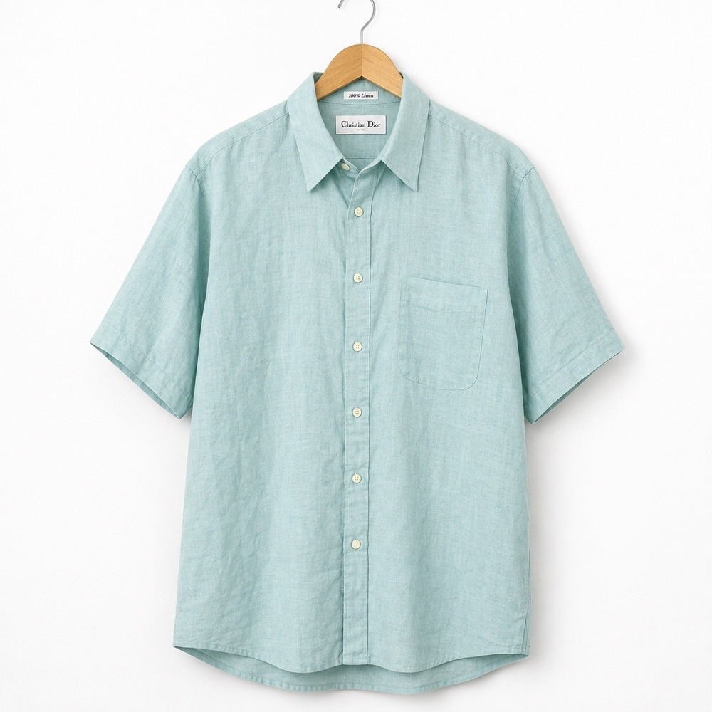 Christian Dior Mens XL 17.5 Short Sleeve 100% Linen Button Down Shirt Aqua Blue